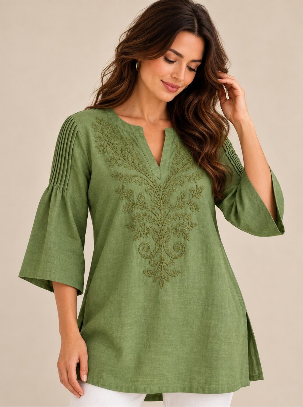 Sarah Spencer Green Cottagecore Embroidered V-Neck Tunic